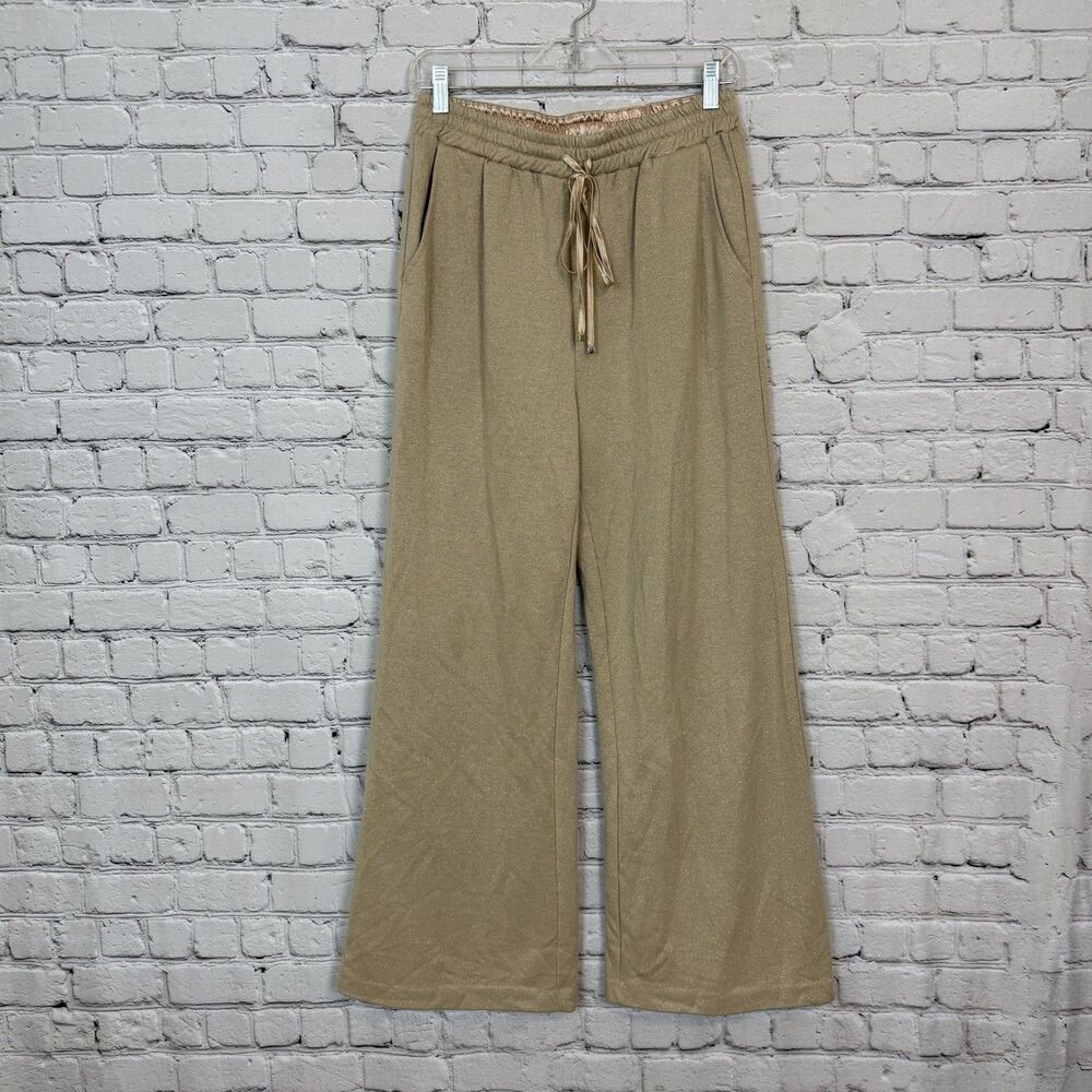 Milly Ramona Metallic French Jersey Knit Wide Leg Pants Gold/Tan Women Size M